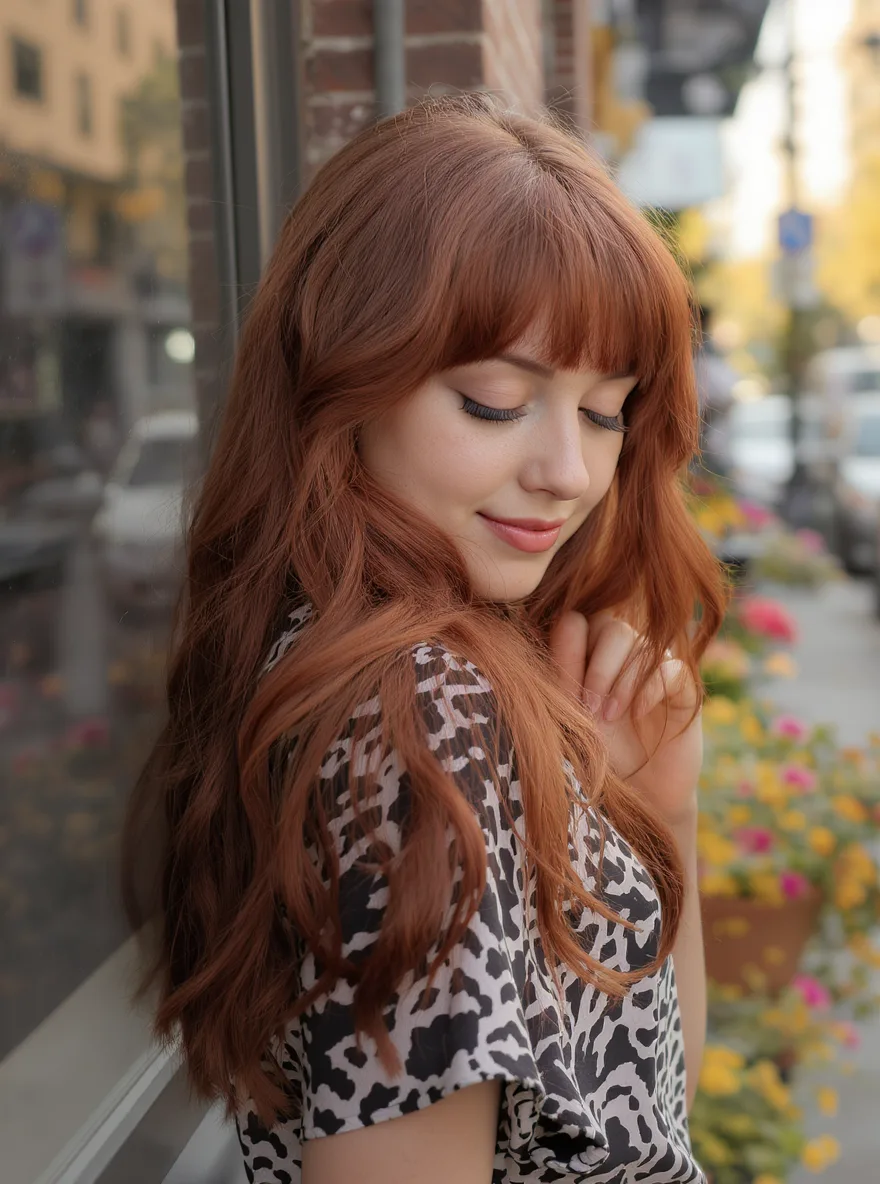 Bold Long Copper Auburn Layers with Blunt Bangs
